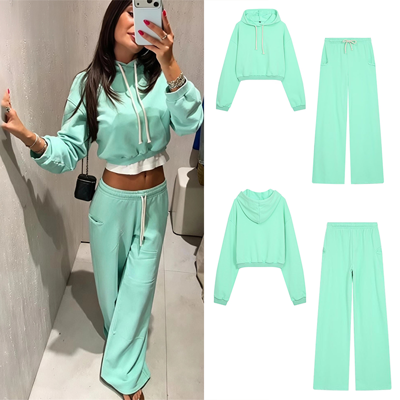 Street Fashion Winter - Setelan Sweatshirt Crop Fluoresen Wanita Guobioziy