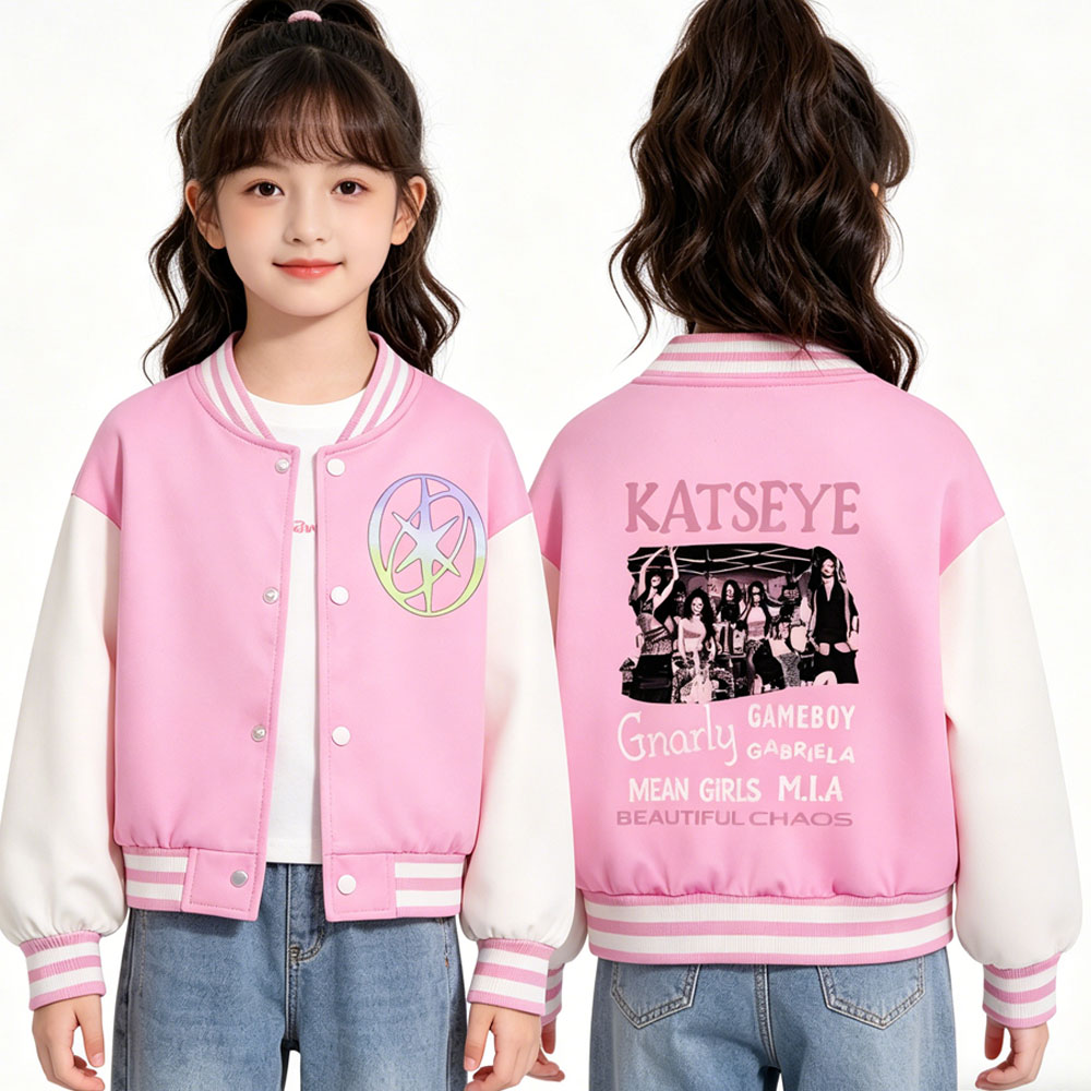 Street Fashion Kids - KATSEYE Jaket Bisbol Pendek Anak-anak Bermotif