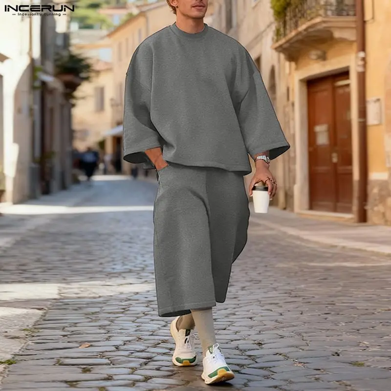 Street Summer Fashion - INCERUN Setelan Pria Warna Solid Hoodie