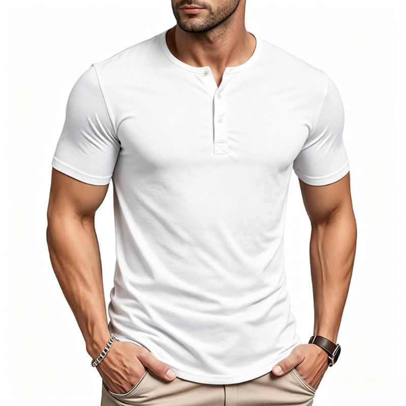 Street Summer Fashion - Kaos Pria Lengan Pendek Kerah Henley