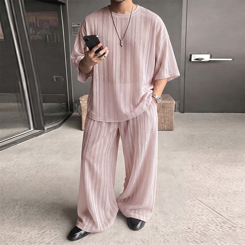Street Summer Fashion - INCERUN Setelan Pria Bergaris Transparan Kaos