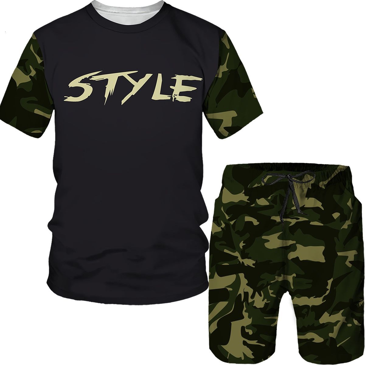 Setelan Pria Kamuflase Kaos Ce - Street Summer Fashion ulasan dan harga